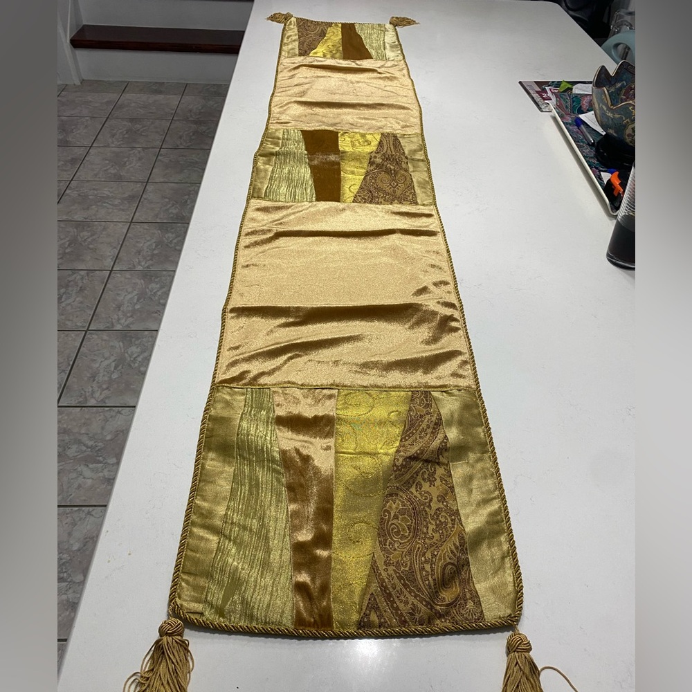 Table runner w/ blocks of gold, paisley & velvet, bound with gold metallic braid